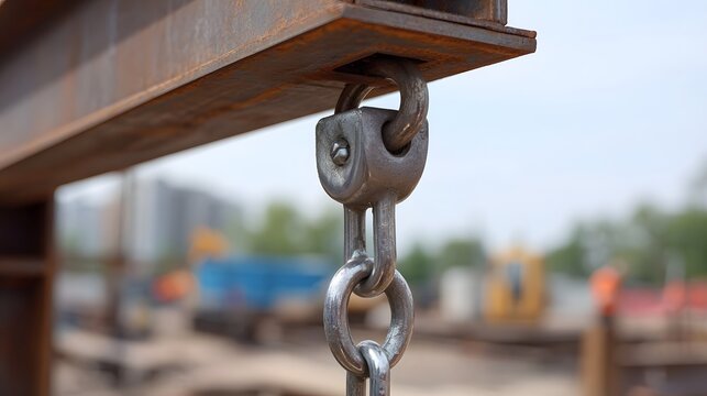 Close up view of a rusty industrial steel beam supported by a metal shackle and chain mechanism at a busy construction site