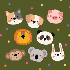 Fototapeta premium Cute cartoon animal faces including dog, cat, pig, lion, panda, monkey, koala, and rabbit appear as a playful pattern on a green background for kids education, nursery design, branding, stationery.