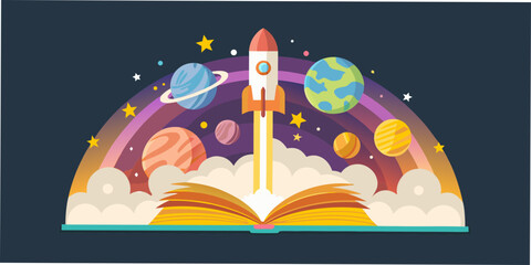 A rocket launching from an open book surrounded by planets and stars © Delip