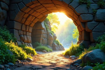 Majestic natural stone archway, sunlight streaming through, creating a vibrant, ethereal glow  Perfect for travel, nature, and landscape projects ,  color,  light,  rock