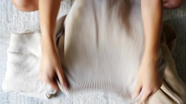 Top view of woman folding several sweaters and stacking them on floor at home. Wardrobe organization routine, efficient clothing storage and practical preparation.
