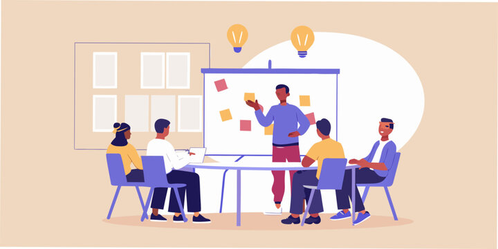 Team brainstorming ideas during a meeting with a whiteboard and post it notes