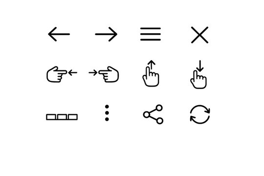 Mobile navigation icons. Line outline icon set of Mobile navigation icons: back arrow, forward arrow,