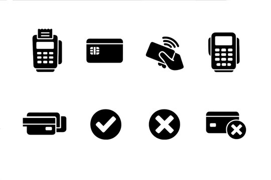 Card and terminal payments. Filled icon set of Card and terminal payments: pos terminal, chip card, magnetic