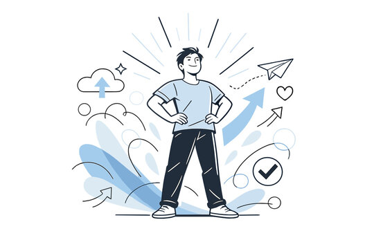 Happiness and confidence concept. A confident person standing tall with an open posture, abstract rays and