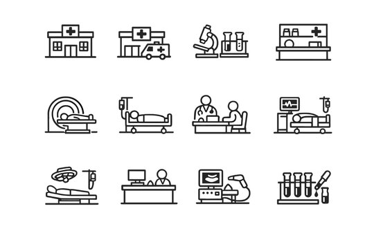 Medical facility icons. Line outline icon set of Medical facility icons: clinic building, emergency room,