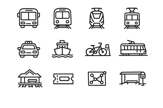 Public transport icons. Line outline icon set of Public transport icons: bus, subway, train, tram, taxi, ferry