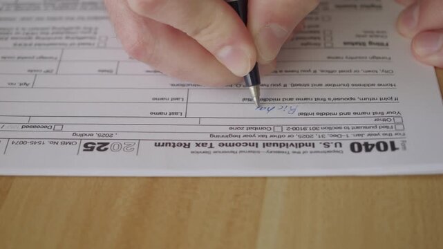 Man Filling In The Tax Form 1040 for 2025 Year. Person Calculates of Planning Budgets Yearly Personal Finance and Fills up US Tax Form 1040 For 2025 Year. Signing 1040 Income Tax Return For 2025 Year.