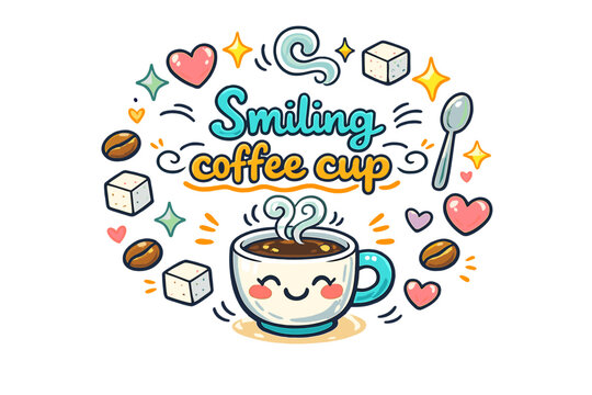 Smiling Coffee Delight. Smiling coffee cup. Hand drawn illustration of Smiling coffee cup. cute coffee cup