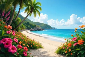 Serene coastal garden bursting with vibrant blooms, lush greenery, and sandy beach backdrop Perfect for relaxation, travel, and nature themes , coastline, botany, nature