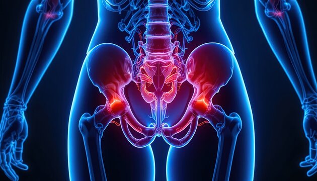 Human pelvis and hip bones glowing blue with red pain points highlighted