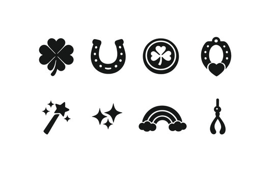 St. Patrick&rsquo;s Day luck and magic. Filled icon set of St. Patrick&rsquo;s Day luck and magic: four leaf clover,