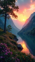 Serene landscape at dawn, signifying spiritual growth and inner peace A mature understanding of life's complexities reflected in nature's tranquility , sunrise, calm