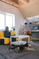 man and woman working from home, having coffee break
