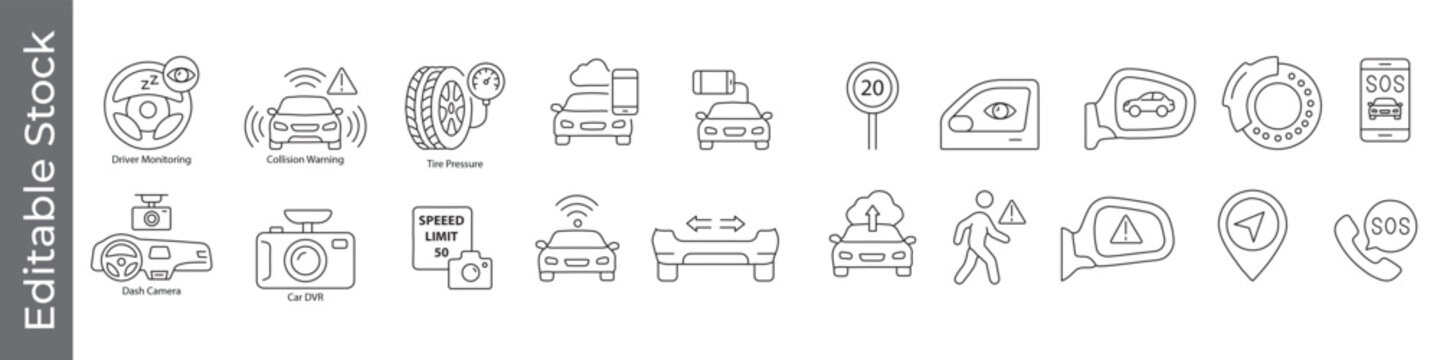 Advanced driver assistance and car safety icon set &ndash; editable outline symbols of collision warning, dash camera, tire pressure, ABS, SOS, and speed limit