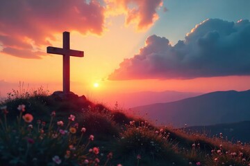 Serene landscape depicting a cross at sunset, conveying peace and faith Perfect for religious themes, Easter, Lent, or inspirational projects , tranquil, cross, religion