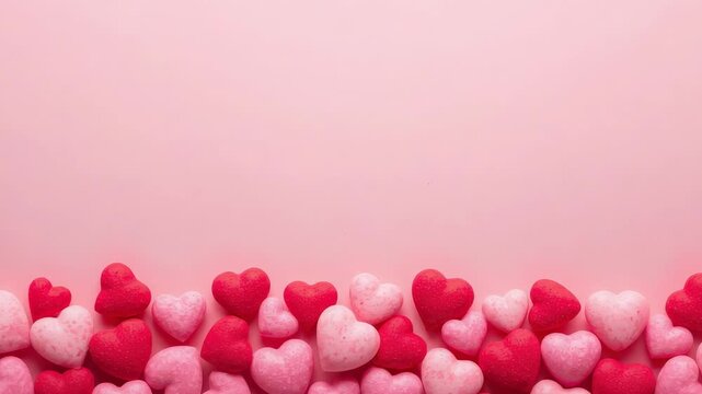 Shifting band of red lightpink hearts moving rotating from minor camera jitter on pale-pink surface