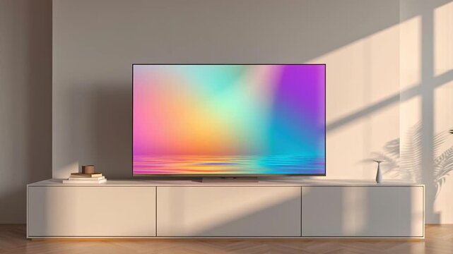 Modern smart television in minimalist living room with soft natural sunlight