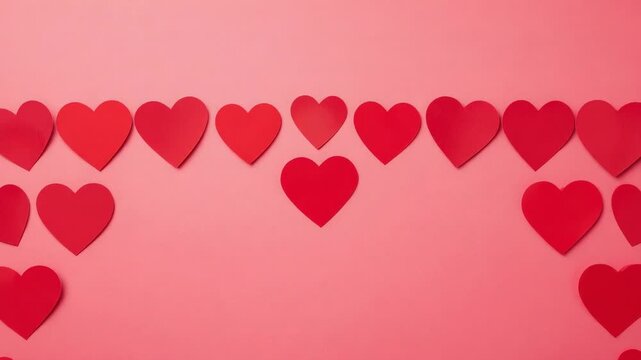 Starting first frame, red paper hearts shifting subtly on pink backdrop, suggesting stop motion