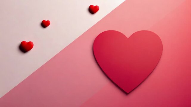 Entering from left small red 3D hearts brushing large heart on pink panel, looping, copy space