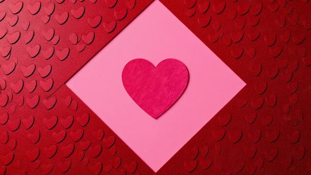 Entering red textured panels sliding inward on tabletop, revealing pink diamond framing red heart