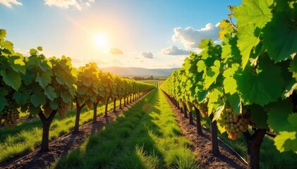 Sun-drenched rows of grapevines stretching to the horizon at a picturesque vineyard, ready for harvest Lush foliage, vibrant green leaves, and sun-kissed grapes on the vine , vine, winery
