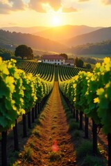 Sun-drenched rows of grapevines stretching towards a picturesque winery in the heart of a vine-covered valley Golden hour light bathes the landscape in warmth , scenic, leaves