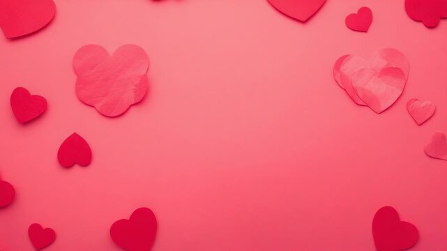 Panning camera framing central negative space on pink studio set, paper hearts shifting for display