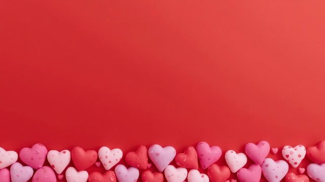Shifting camera stabilizing shot, revealing row of small hearts on studio red backdrop