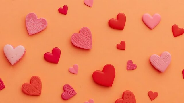 Panning camera reframing clusters of red and pink hearts on orange backdrop, emphasizing color