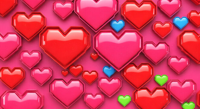 Pixelated Neon Hearts Background, Glowing Love Digital Art, Retro Cyber Heart Design image for backgrounds