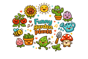 Funny garden plants. Hand drawn illustration of Funny garden plants. laughing tomato plant, smiling sunflower,