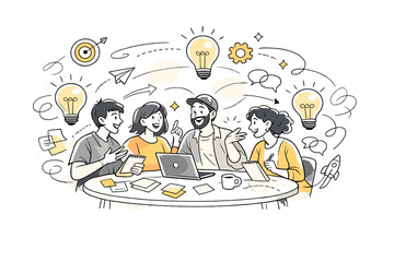 Fototapeta premium Startup brainstorming. People exchanging ideas around a table, lightbulbs, notes, and arrows orbiting