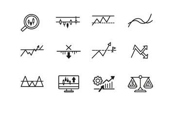 Obraz premium Trading Strategy Icons. Trading strategy icons. Line outline icon set of Trading strategy icons: technical