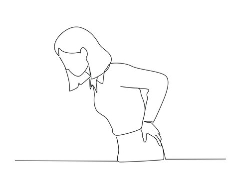 Continuous one line art drawing of woman riding Woman feeling discomfort, holding her lower back. Editable stroke.