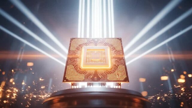 Advanced microchip processor with glowing lights and sparks, showcasing cutting-edge technology.