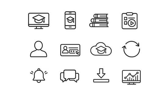 E learning platform icons. Line outline icon set of E learning platform icons: desktop learning, mobile