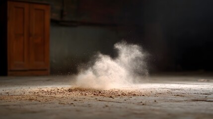 Dramatic cloud of dust erupting on a concrete floor illuminated by strong light