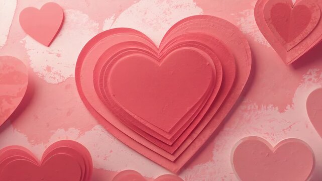 Camera pushing layered pink paper heart growing prominent on textured tabletop, emphasizing center
