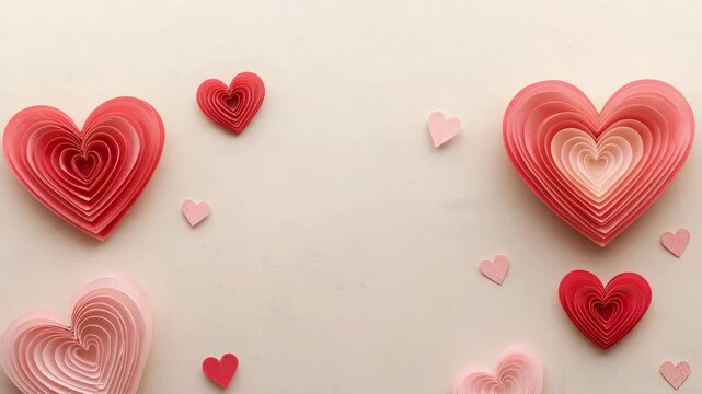 Panning camera revealing layered paper hearts on beige card, shifting framing centering clusters