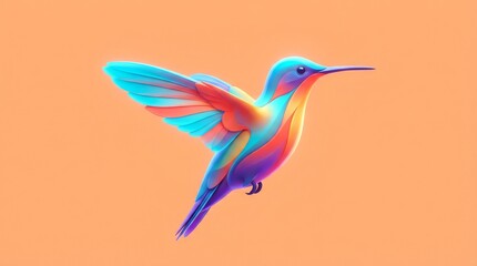 Fototapeta premium Vibrant Hummingbird in Flight Against a Warm Orange Background.