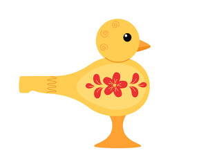 Whistle musical instrument in the form of a wooden bird. Bird whistle Russian traditional folk flute. Vector cartoon illustration on a white background.