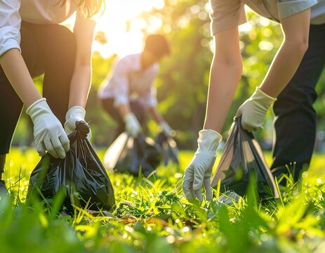 Group of volunteers collecting trash in park for environmental care.
