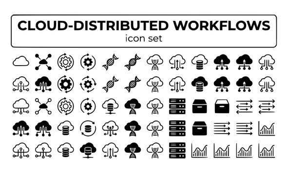 Cloud-Distributed Workflows Genomics Bioinformatics Pipeline Computing Data Processing Analysis Automation Vector Icon Set - Cloud Computing