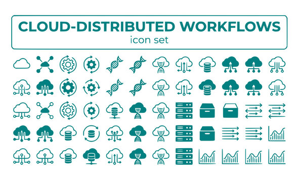 Cloud-Distributed Workflows Genomics Bioinformatics Pipeline Computing Data Processing Analysis Automation Vector Icon Set - Cloud Computing