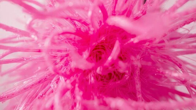 Tightening focus camera revealing bright pink filament core in studio, showing droplets and dust