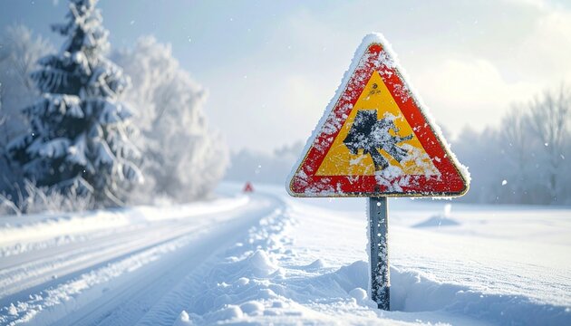 Snowy road with skid warning sign, car symbol and snow-covered trees, winter safety scene in soft light.