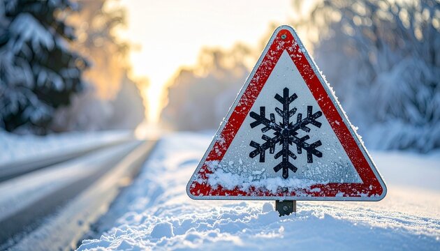 Snowy road with icy condition warning sign, red triangle and snowflake symbol, winter forest, warm sunlight.