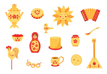 Maslenitsa traditional holiday maMaslenitsa traditional holiday marking the end of winter. Vector doodle illustration of pancakes, samovar, matryoshka, sun, rooster.
