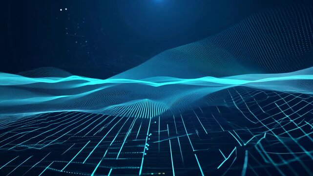 A dynamic blue digital landscape featuring glowing wireframe grid waves moving across a dark field, simulating data flow and a futuristic technological environment.